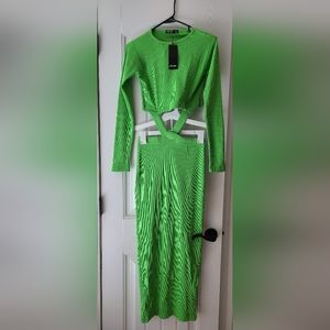 NASTY GAL Dark Kiwi Green Ribbed Cross Front Cut Out Maxi Dress NWT